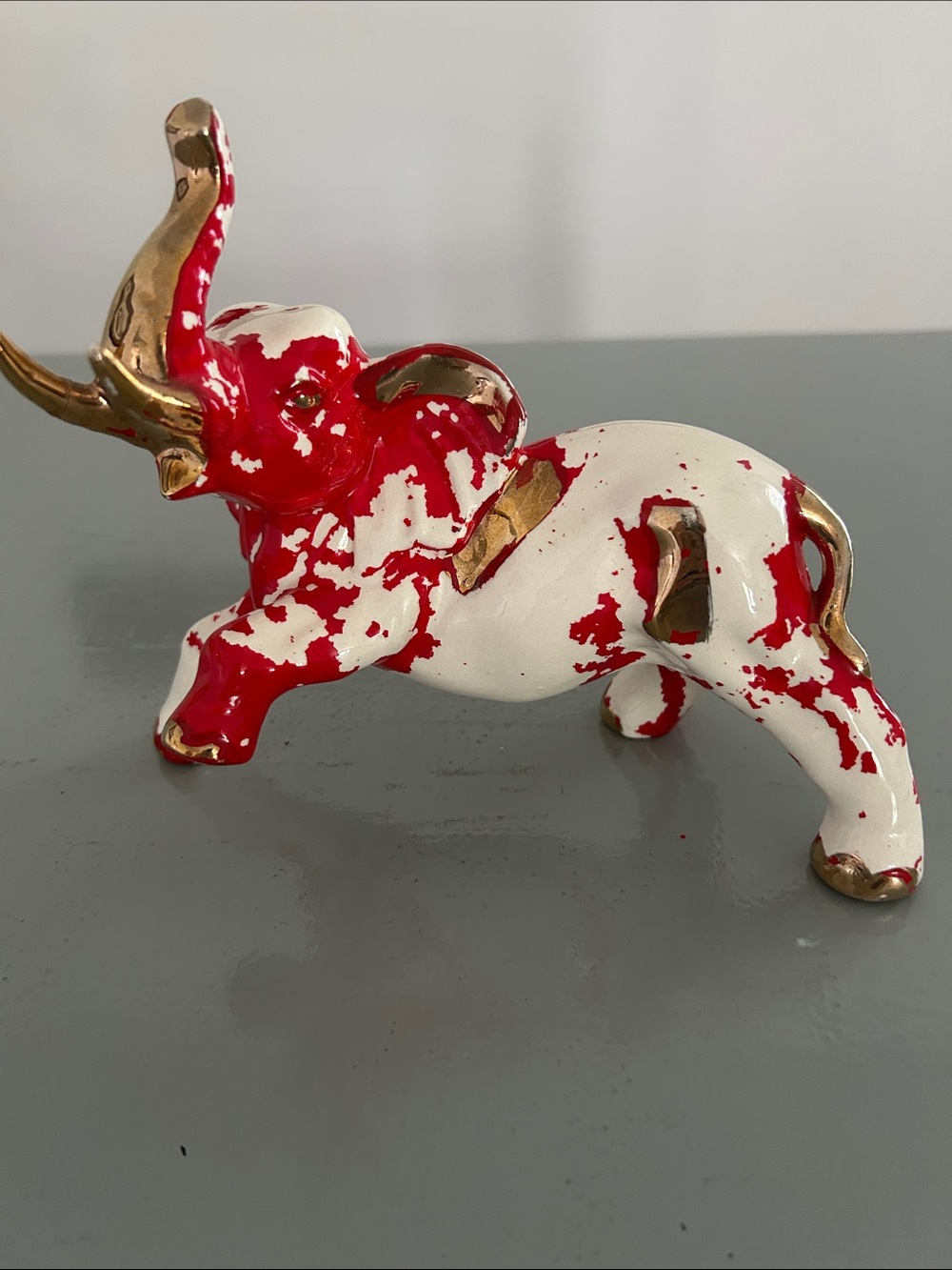 Decorative Red & White Ceramic Elephant Figurine with Gold Accents L 8 in H 7 in